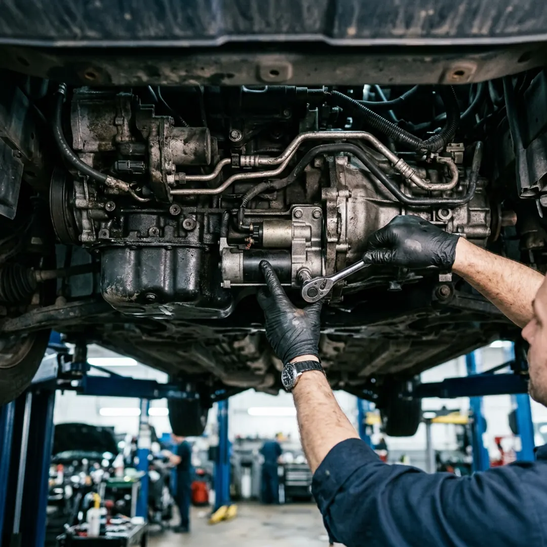 Mekaniker monterar en startmotor underifrån på en upplyft bil